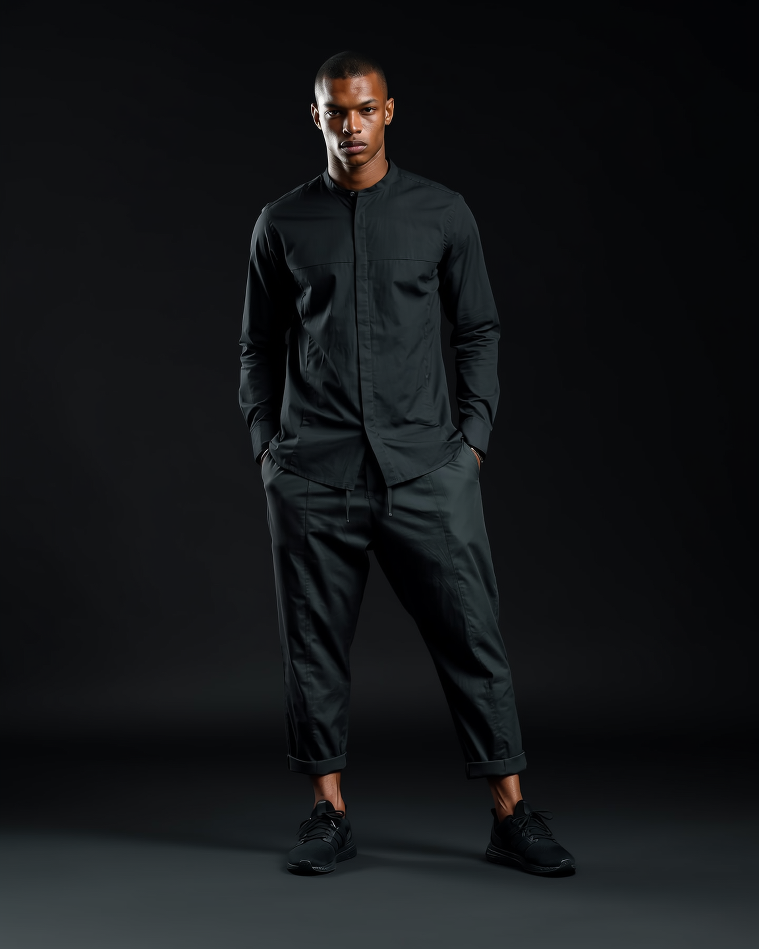 Stretch Cotton Button-Up Shirt in Black