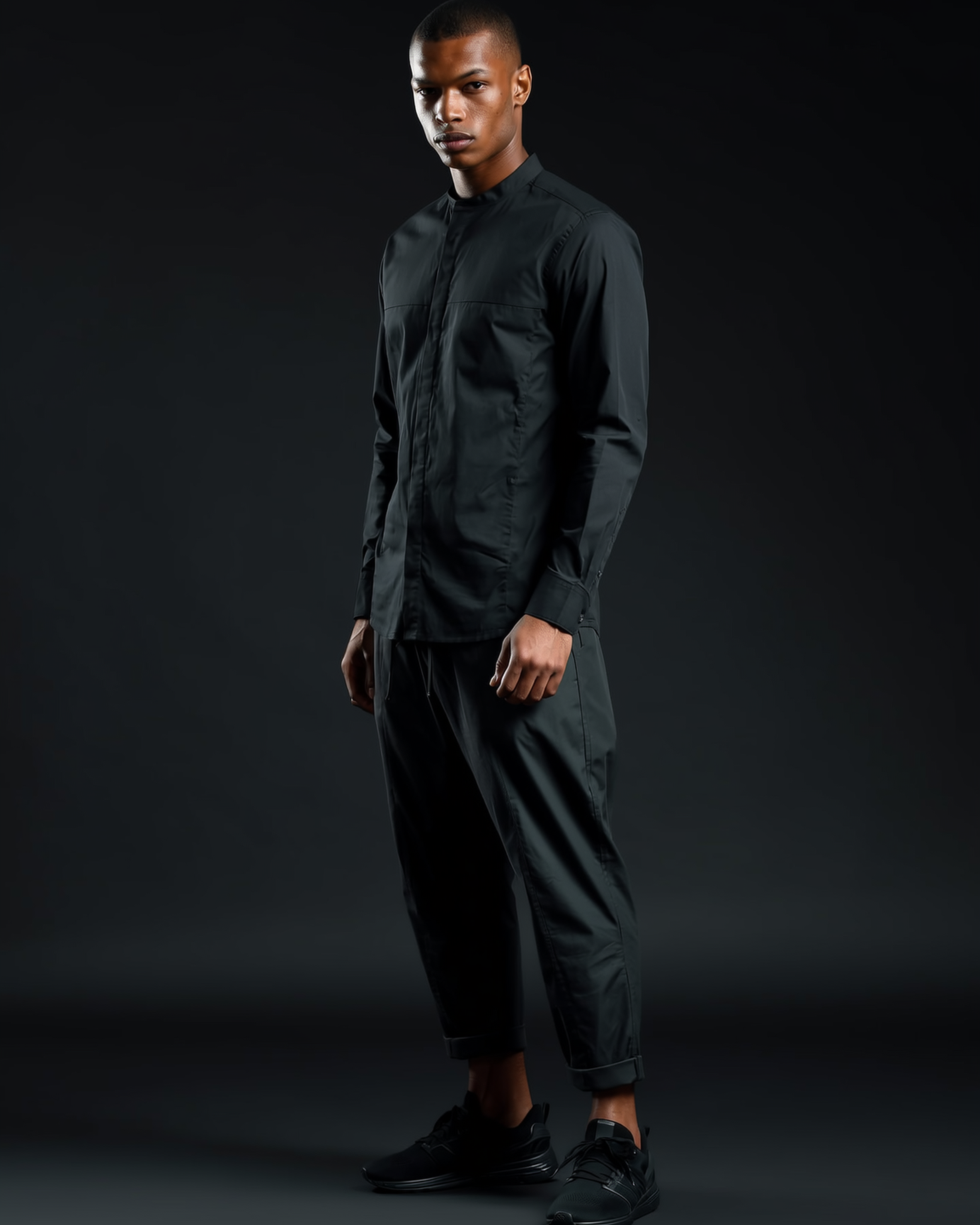 Stretch Cotton Button-Up Shirt in Black