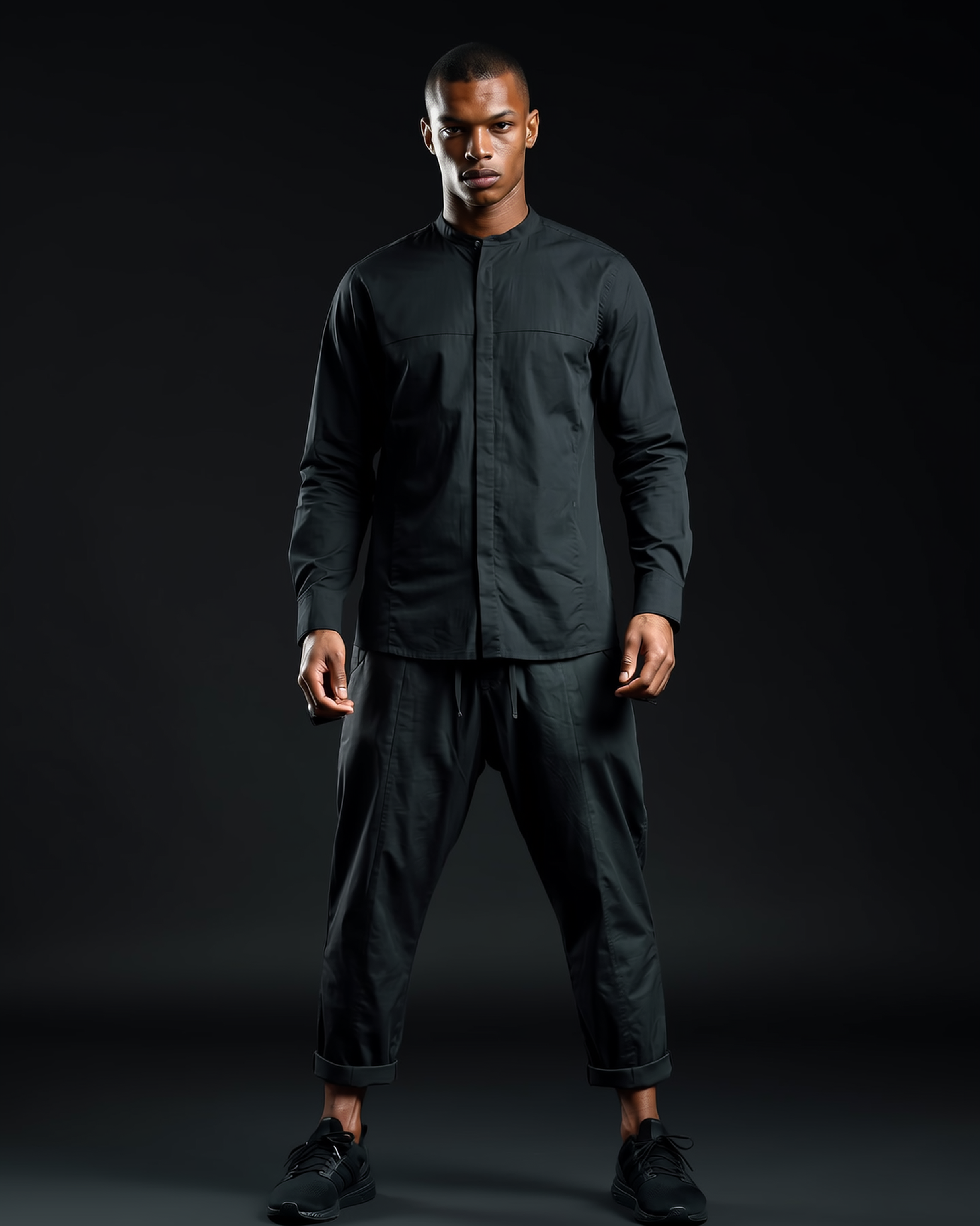Stretch Cotton Button-Up Shirt in Black