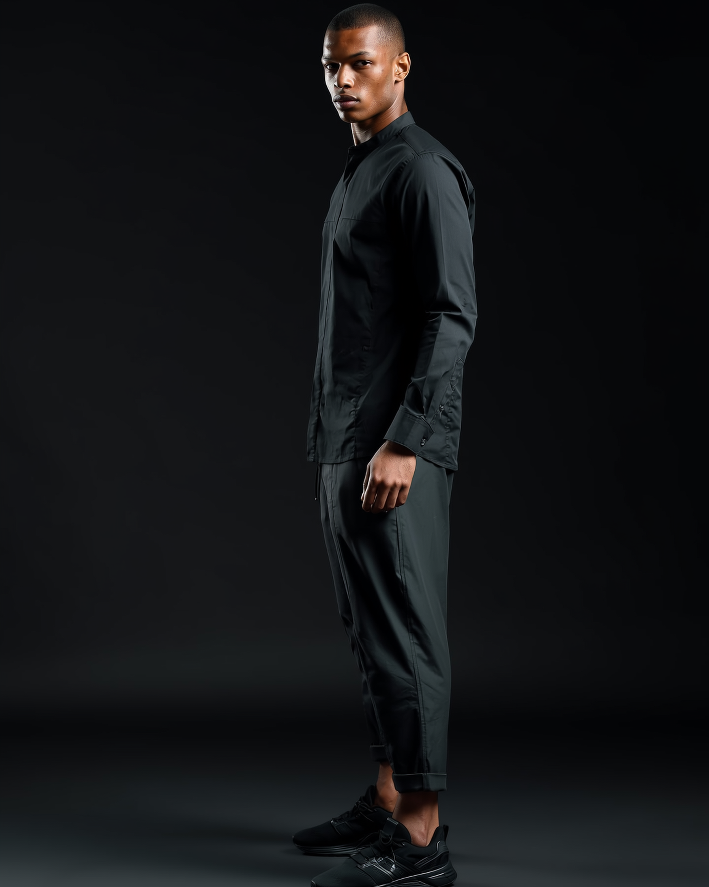 Stretch Cotton Button-Up Shirt in Black