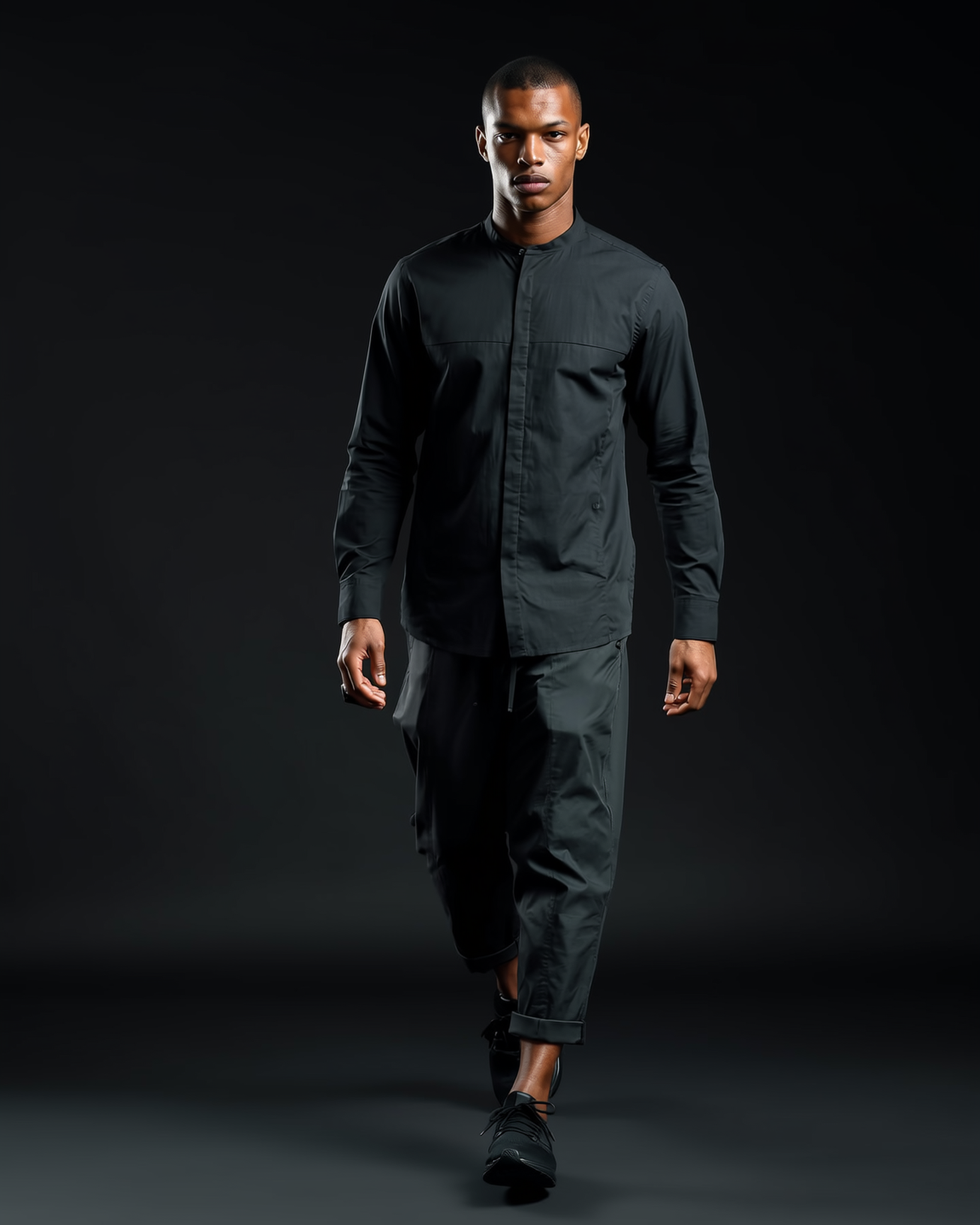 Stretch Cotton Button-Up Shirt in Black